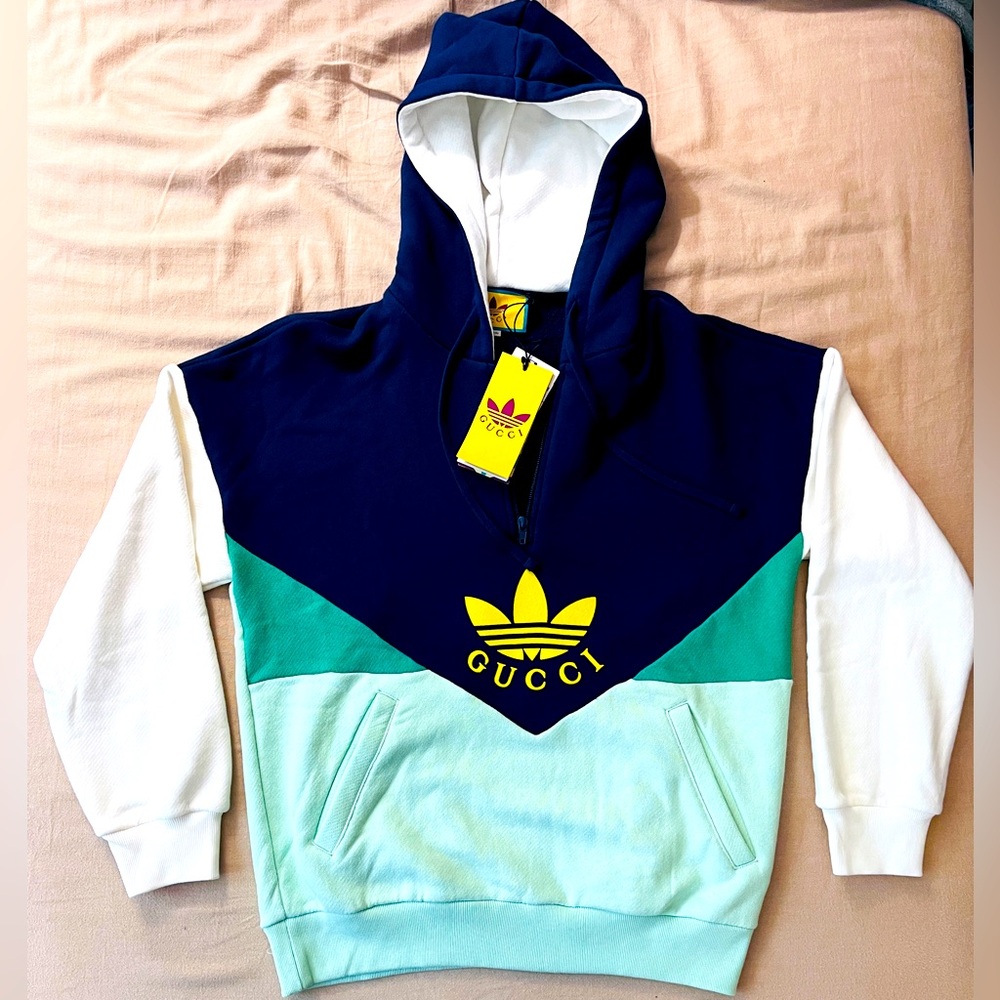 BRAND NEW GUCCI x ADIDAS Sweatshirt Hoodie White/Blue/Teal/Yellow!
